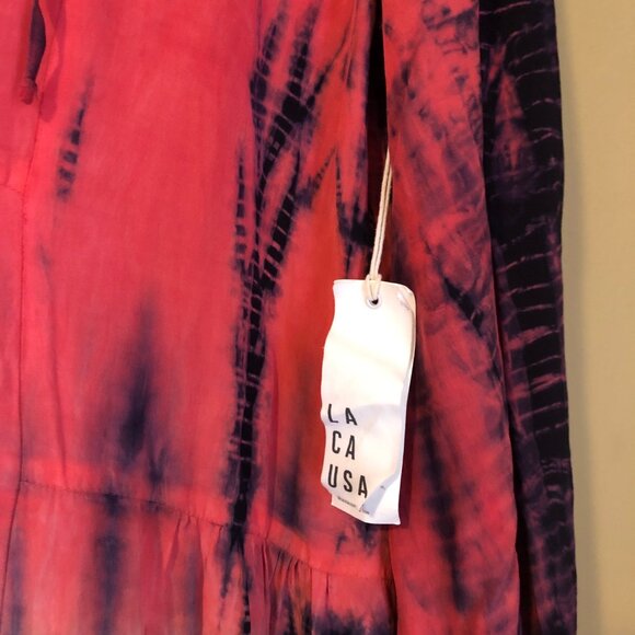 NWT Lacausa tie dyed red pink blue boho midi tiered Firecracker Roma dress - Picture 8 of 8